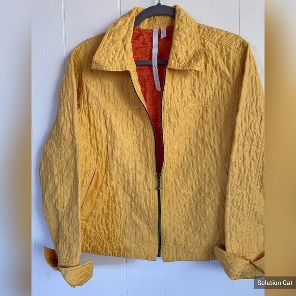 debra deRoo Women’s Jacket Medium Yellow Silk Quilted Zip Jacket Orange Lining - Picture 2 of 7